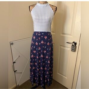 ASOS Blue White Checkered Floral Dress 14 xl large summer spring maxi halter